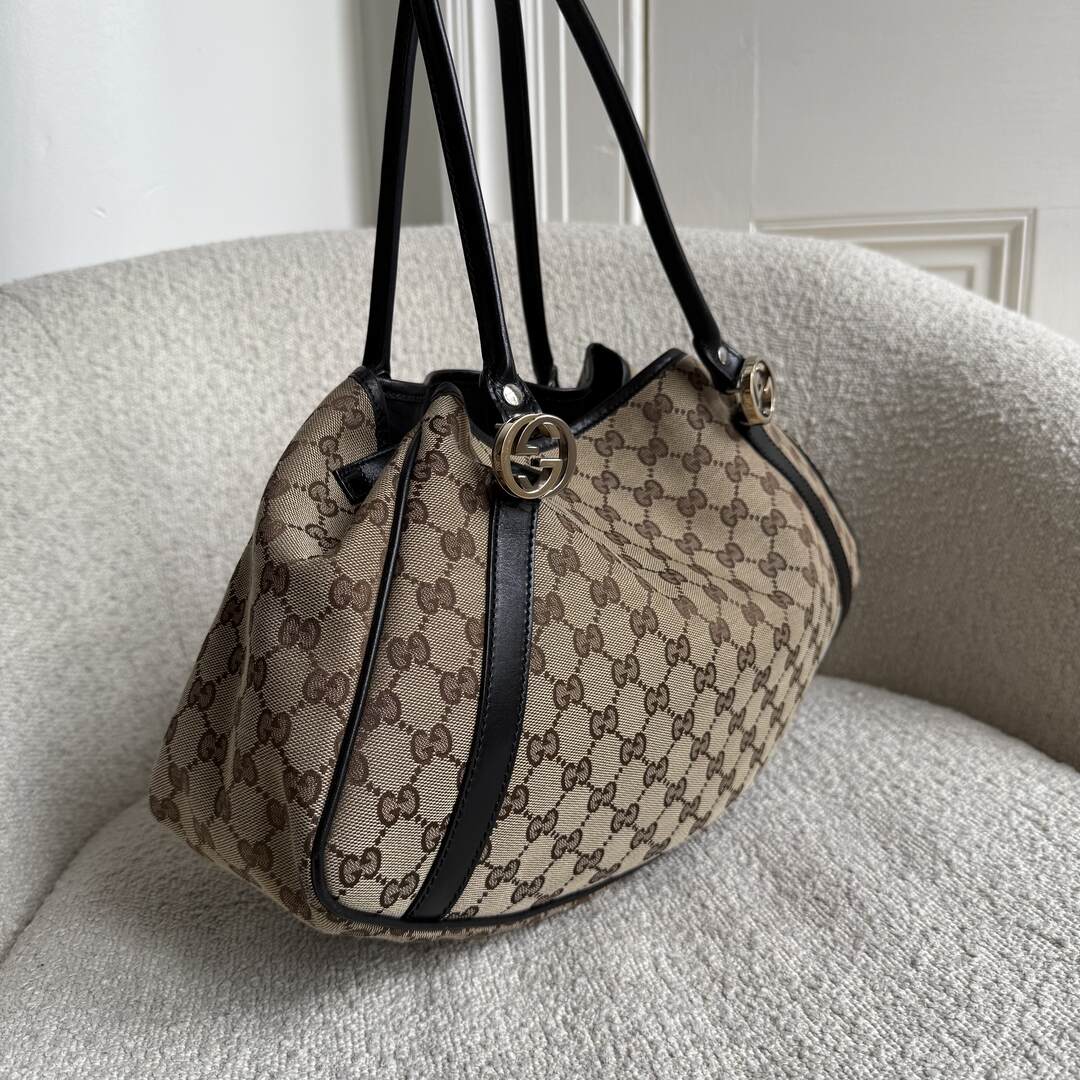 Gucci GG Canvas Twins Black Leather Tote Bag