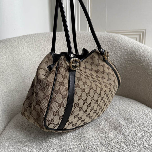Gucci GG Canvas Twins Black Leather Tote Bag