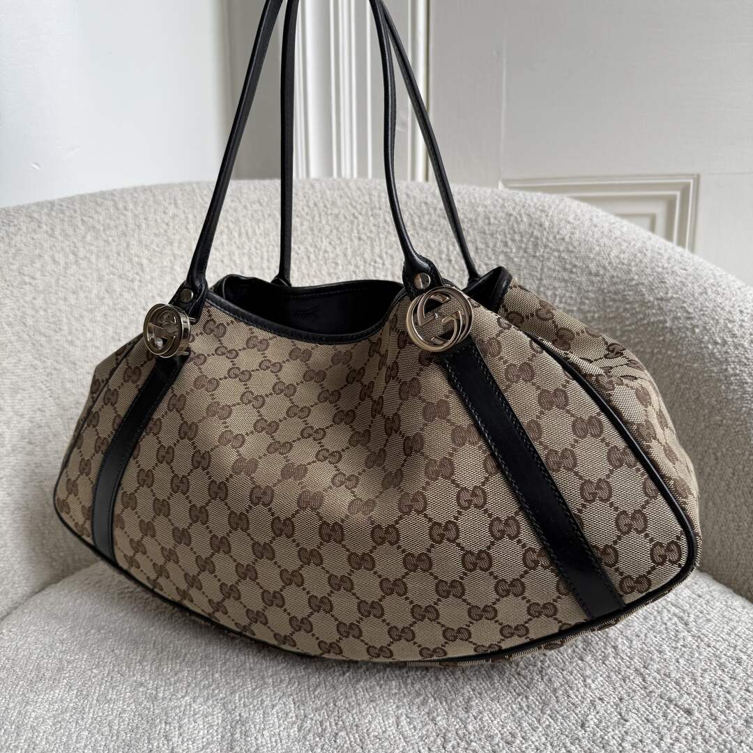 Gucci GG Canvas Twins Black Leather Tote Bag