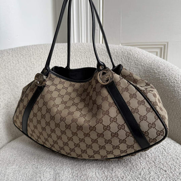 Gucci GG Canvas Twins Black Leather Tote Bag