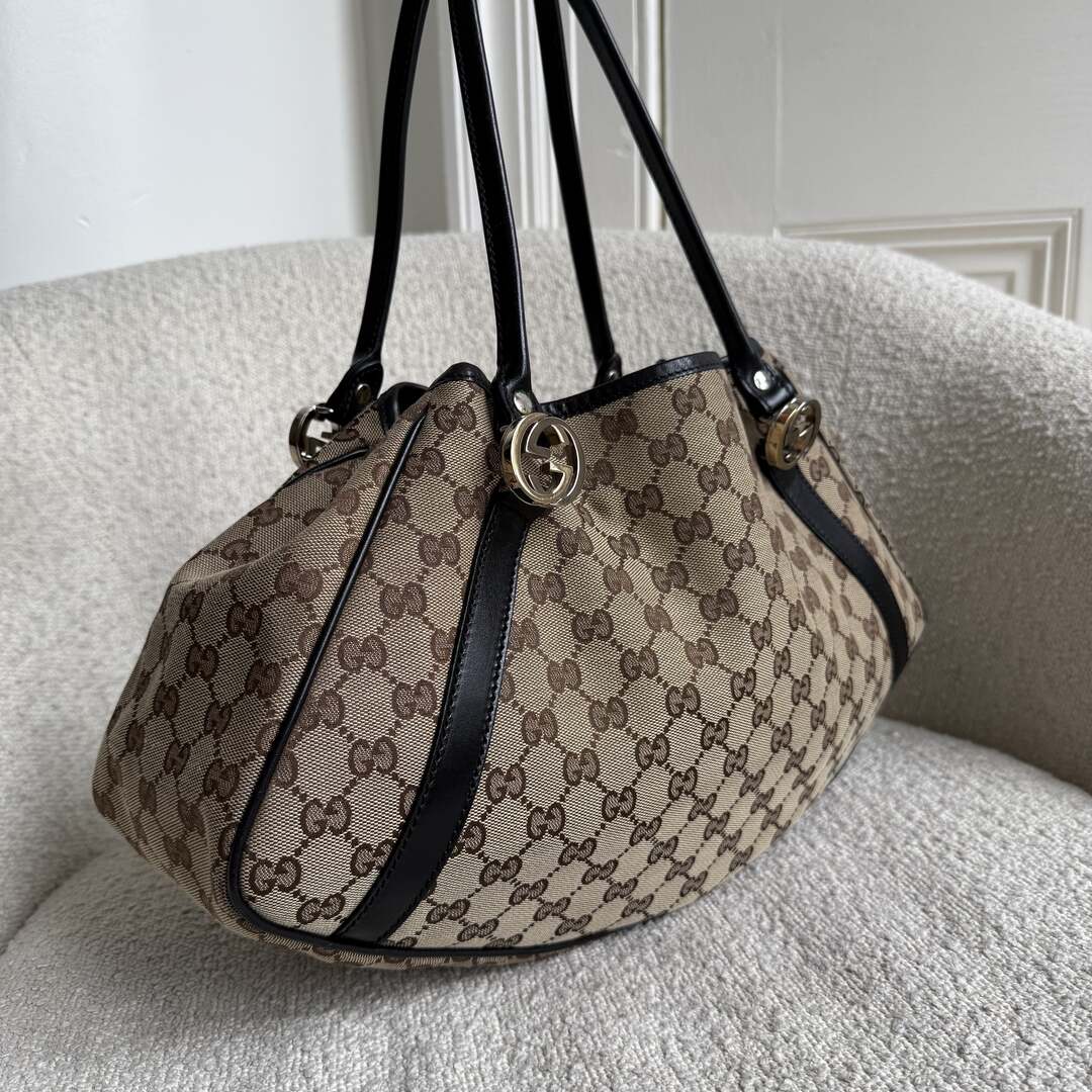 Gucci GG Canvas Twins Black Leather Tote Bag