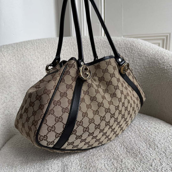 Gucci GG Canvas Twins Black Leather Tote Bag