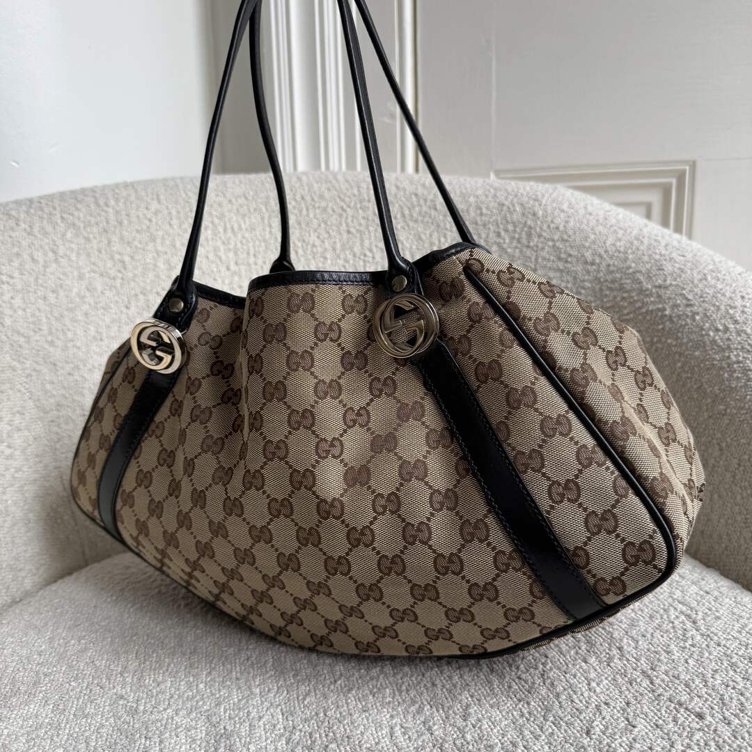 Gucci GG Canvas Twins Black Leather Tote Bag