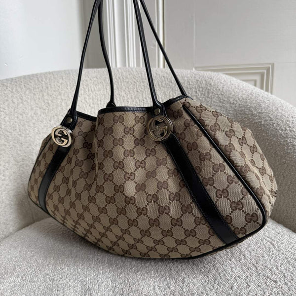 Gucci GG Canvas Twins Black Leather Tote Bag