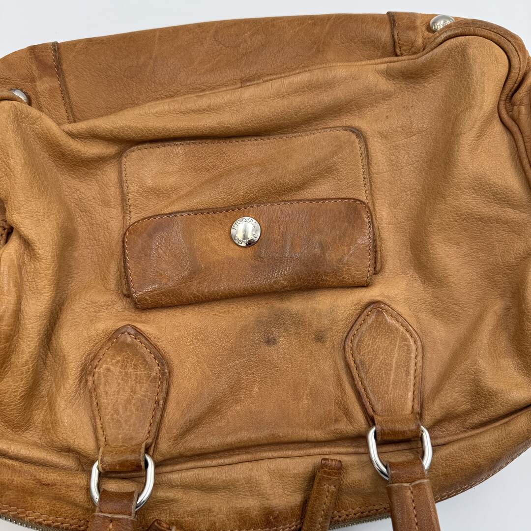 Prada Washed Bauletto Caramel Brown Leather Shoulder Bag