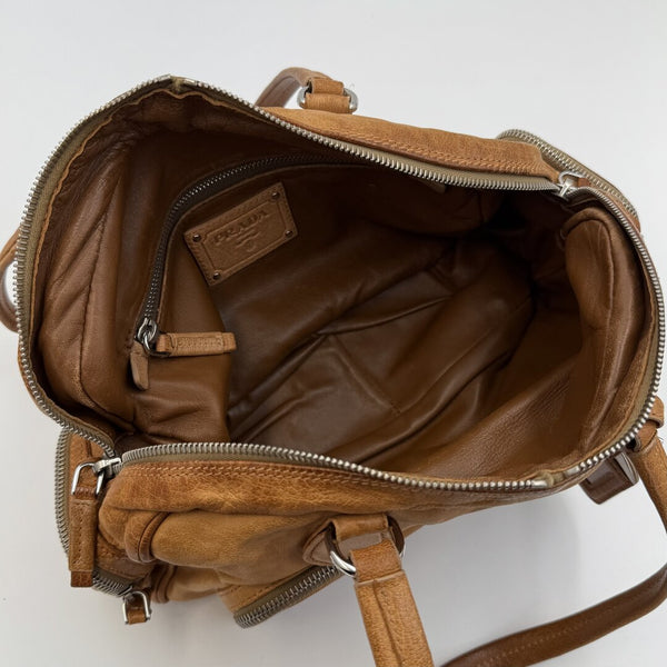 Prada Washed Bauletto Caramel Brown Leather Shoulder Bag