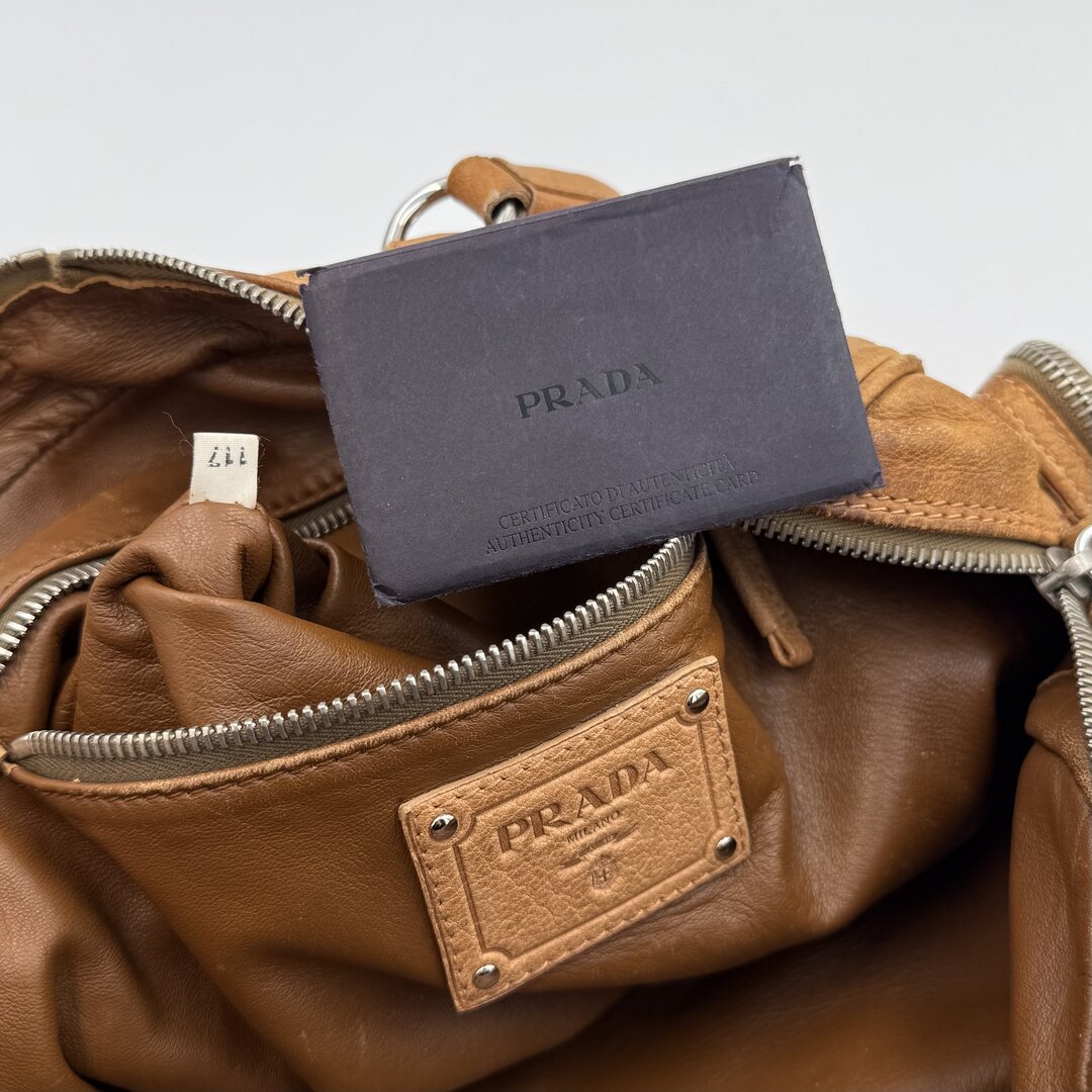 Prada Washed Bauletto Caramel Brown Leather Shoulder Bag