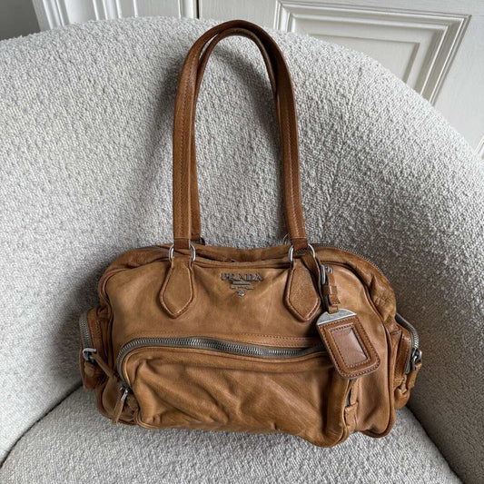 Prada Washed Bauletto Caramel Brown Leather Shoulder Bag