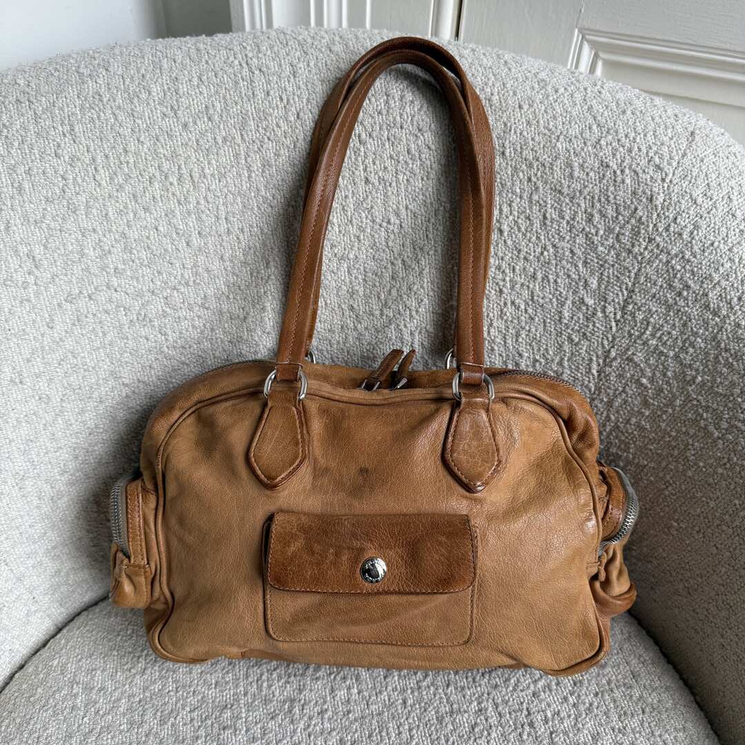 Prada Washed Bauletto Caramel Brown Leather Shoulder Bag
