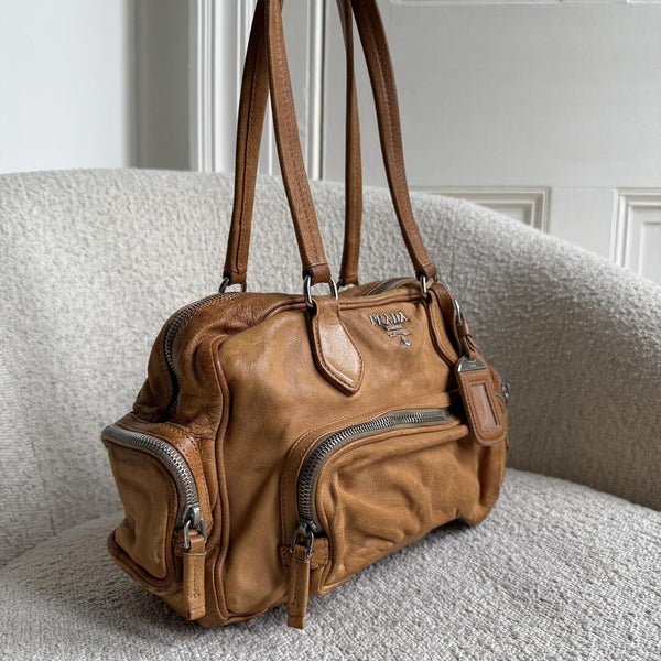 Prada Washed Bauletto Caramel Brown Leather Shoulder Bag