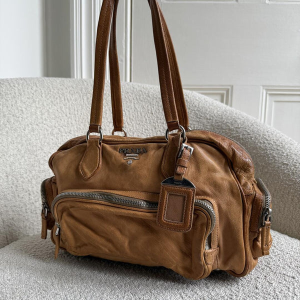 Prada Washed Bauletto Caramel Brown Leather Shoulder Bag