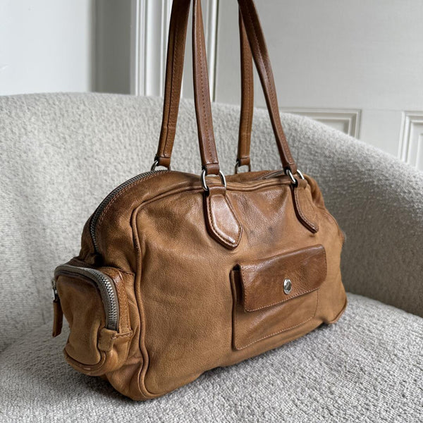 Prada Washed Bauletto Caramel Brown Leather Shoulder Bag