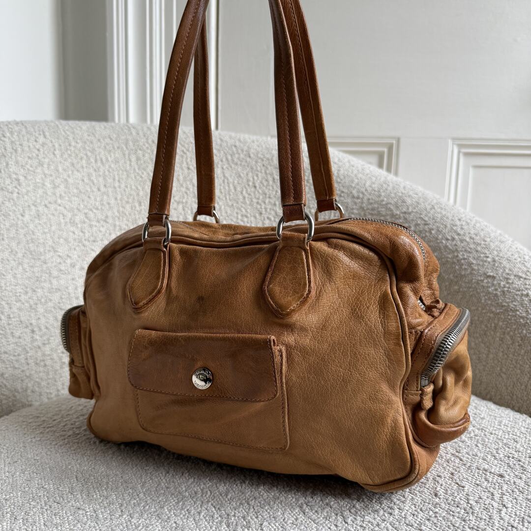 Prada Washed Bauletto Caramel Brown Leather Shoulder Bag