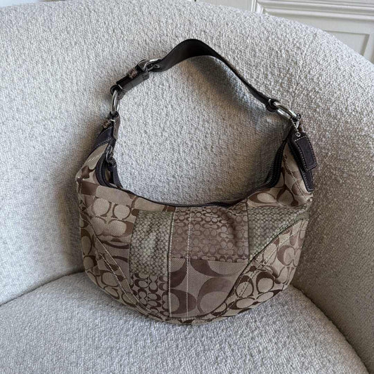 Coach Signature Patchwork Croissant Brown Shoulder Bag