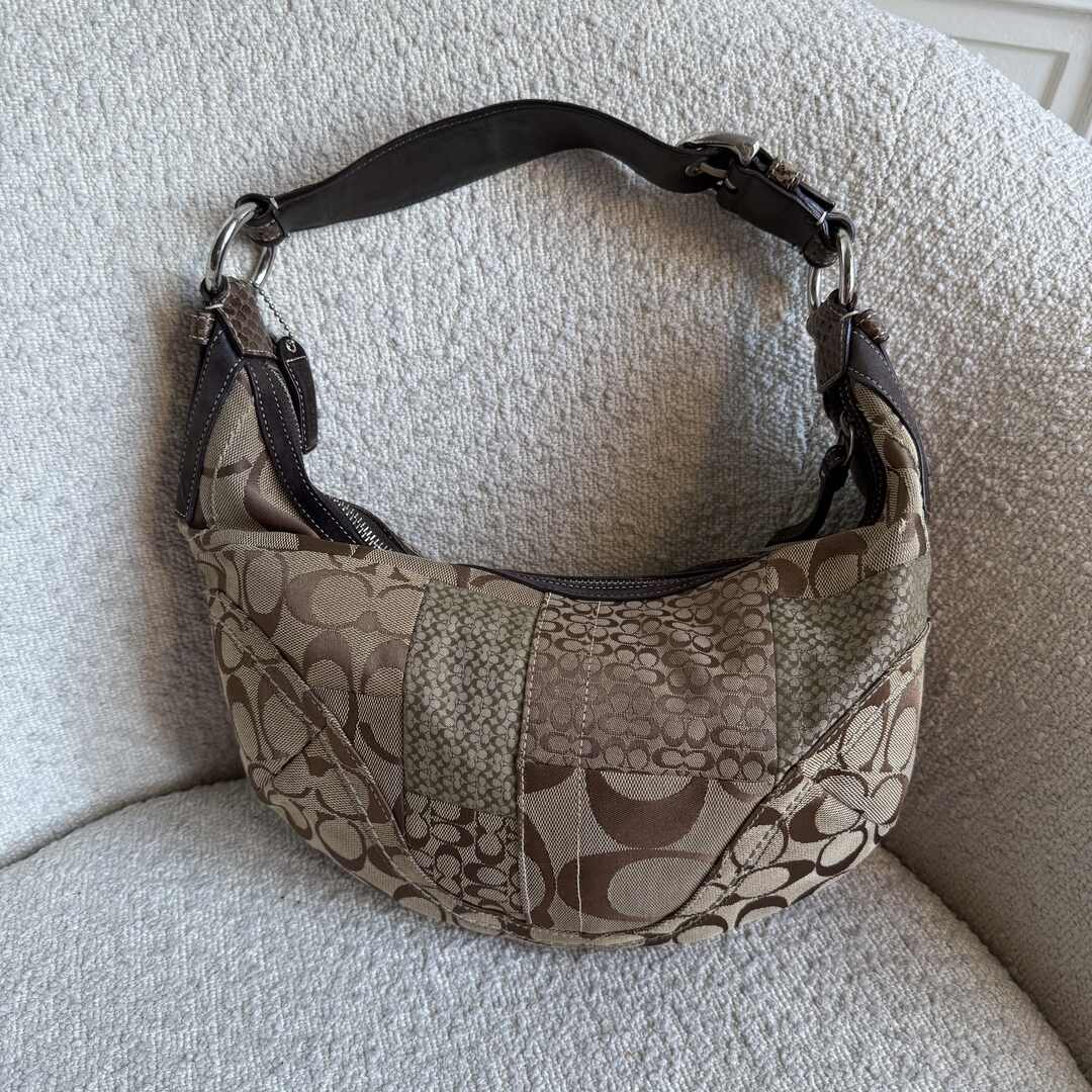 Coach Signature Patchwork Croissant Brown Shoulder Bag