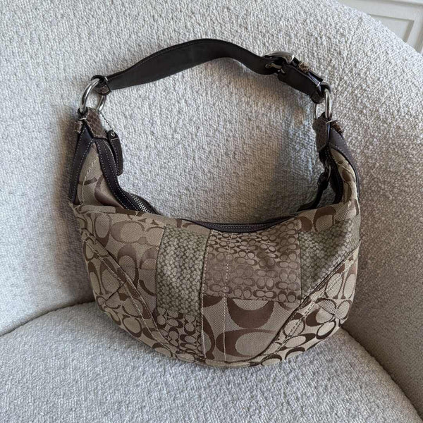 Coach Signature Patchwork Croissant Brown Shoulder Bag