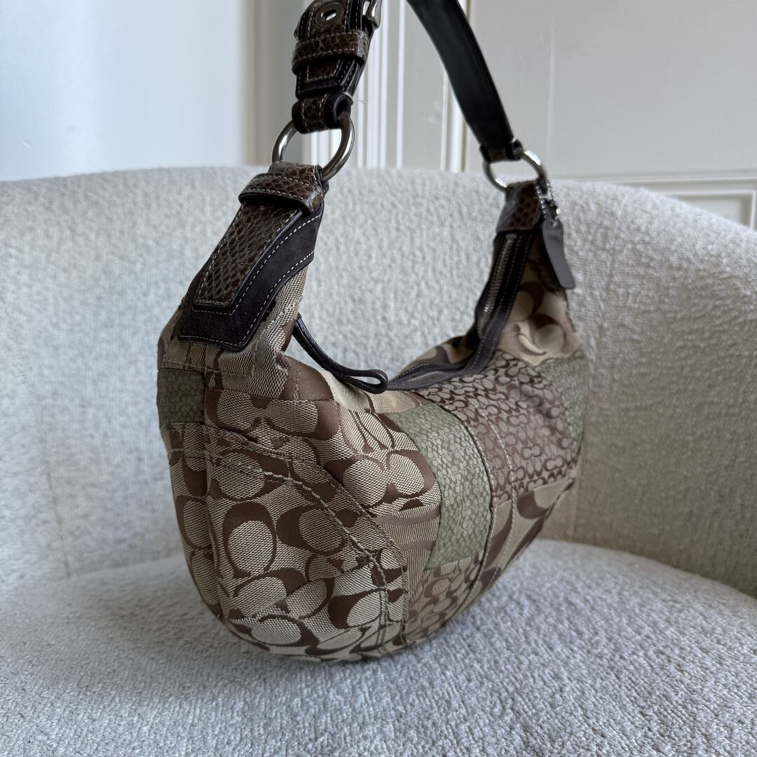 Coach Signature Patchwork Croissant Brown Shoulder Bag