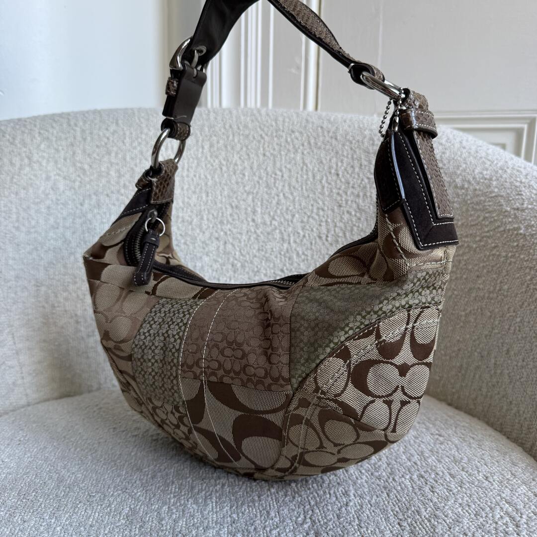 Coach Signature Patchwork Croissant Brown Shoulder Bag