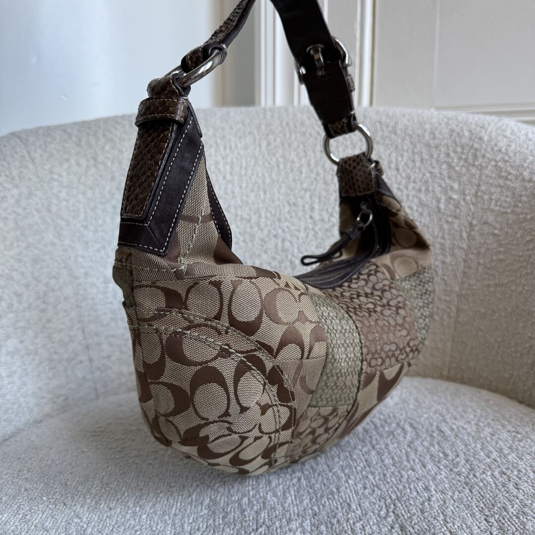 Coach Signature Patchwork Croissant Brown Shoulder Bag
