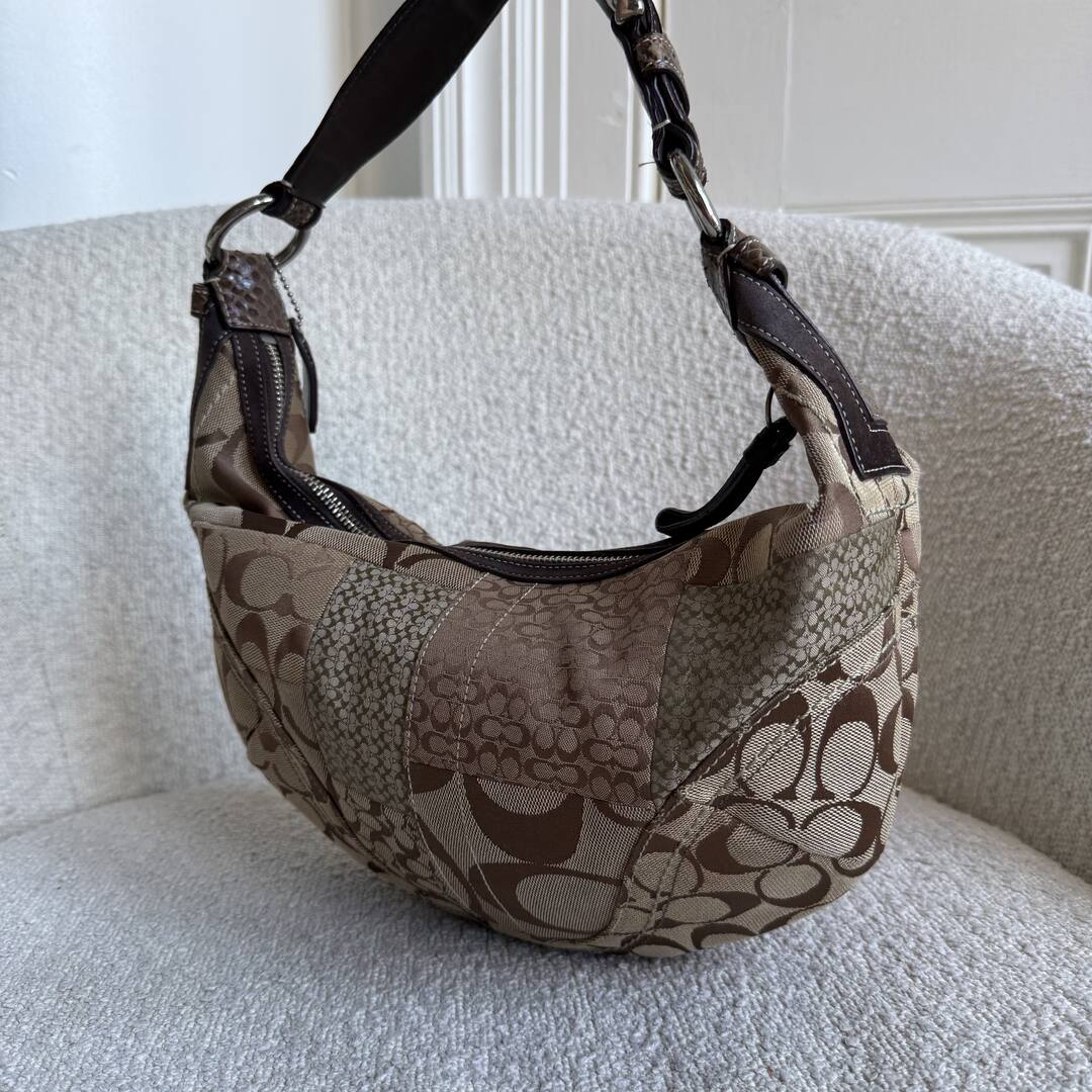 Coach Signature Patchwork Croissant Brown Shoulder Bag