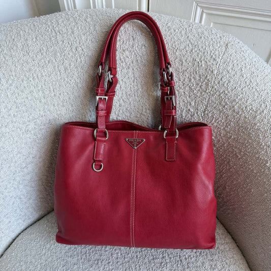 2005 Prada Vitello Daino Leather Red Tote Bag