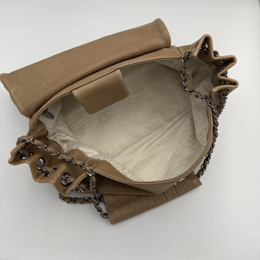 2004 Chanel CC Wild Stitch Surpique Chain Flap Beige Shoulder Bag