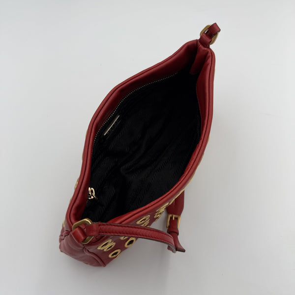 Prada Grommet Nappa Red Leather Pochette Shoulder Bag