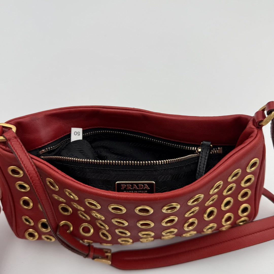 Prada Grommet Nappa Red Leather Pochette Shoulder Bag