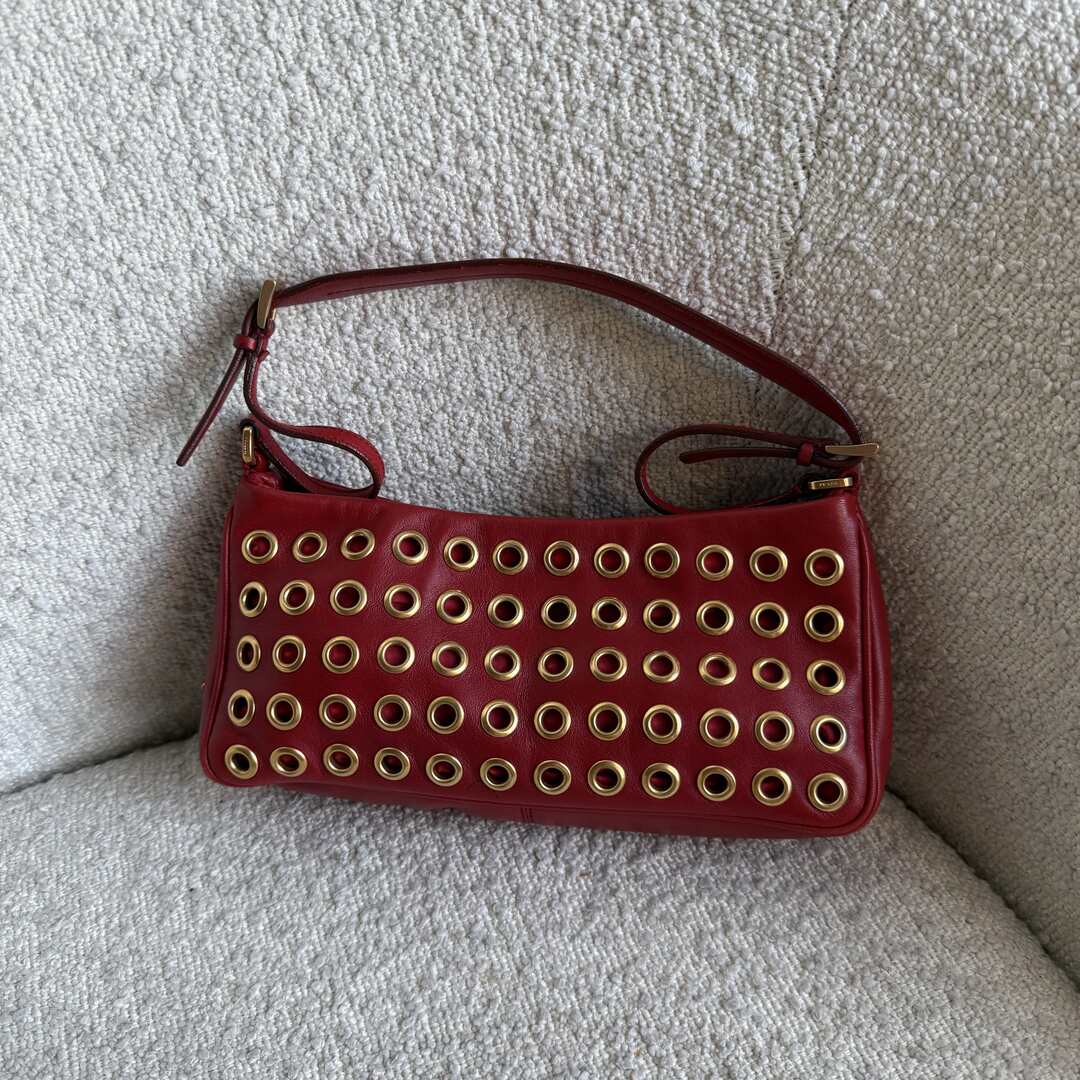 Prada Grommet Nappa Red Leather Pochette Shoulder Bag