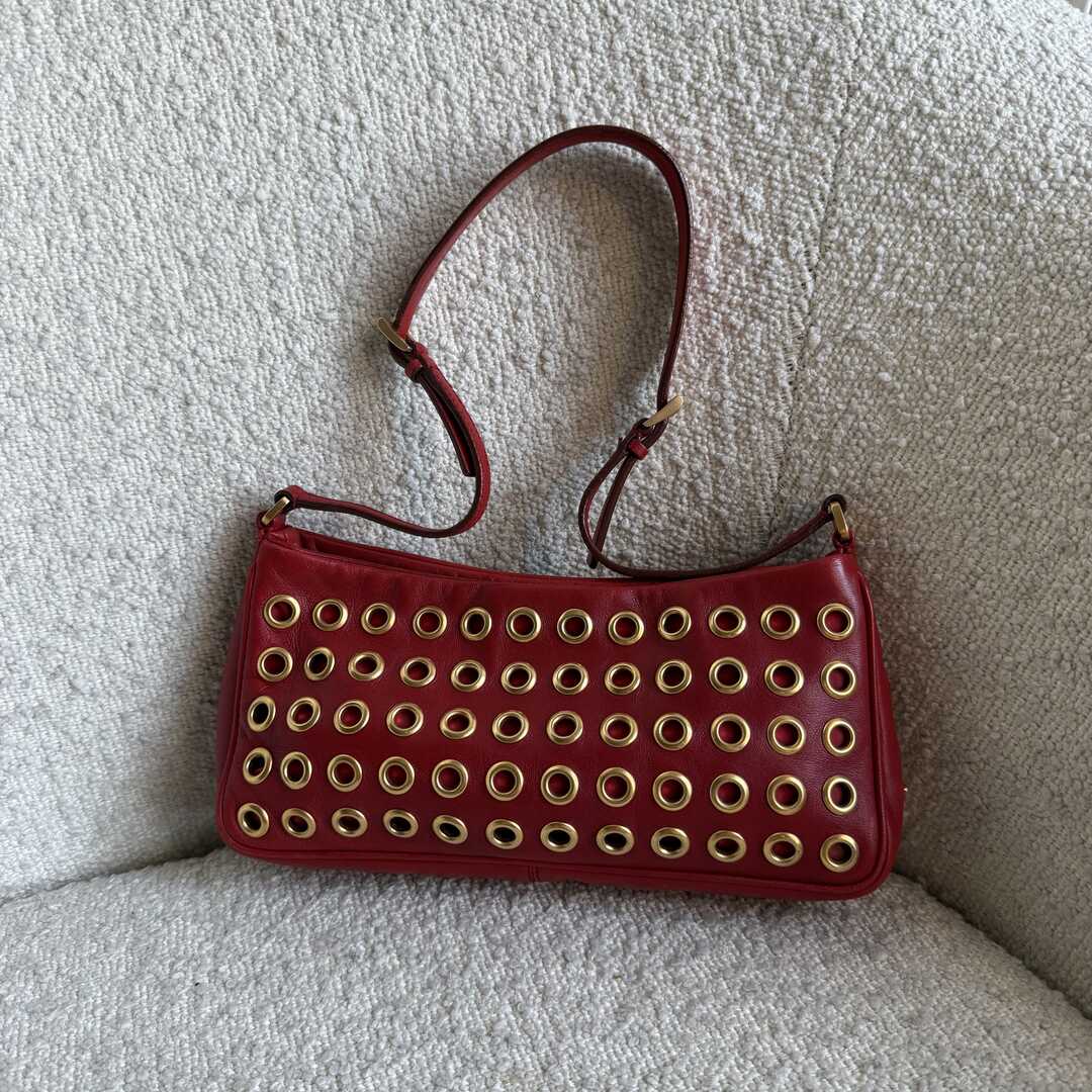 Prada Grommet Nappa Red Leather Pochette Shoulder Bag