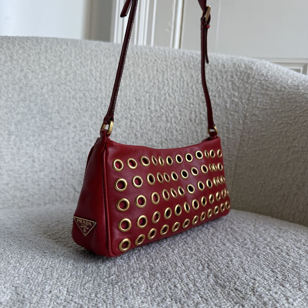 Prada Grommet Nappa Red Leather Pochette Shoulder Bag