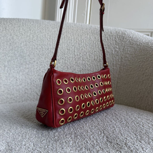 Prada Grommet Nappa Red Leather Pochette Shoulder Bag
