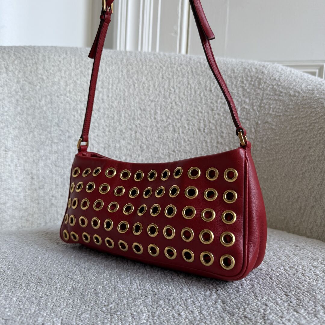 Prada Grommet Nappa Red Leather Pochette Shoulder Bag