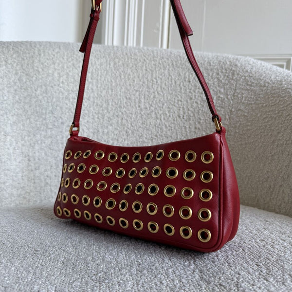 Prada Grommet Nappa Red Leather Pochette Shoulder Bag