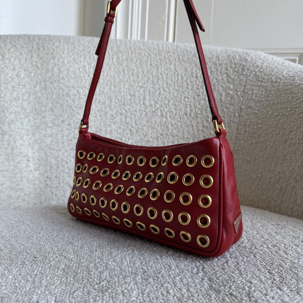 Prada Grommet Nappa Red Leather Pochette Shoulder Bag