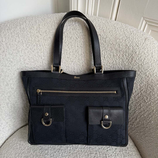 Gucci GG Canvas Abbey D-Ring Pocket Black Tote Bag