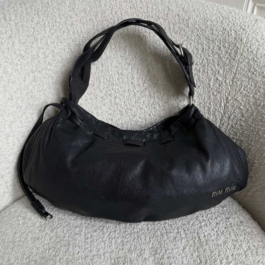 2000s Miu Miu Hobo Leather Black Shoulder Bag