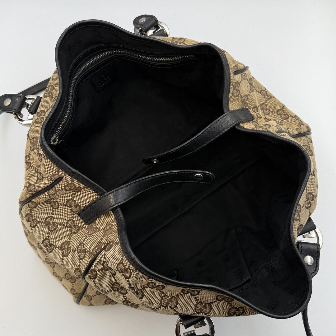 Gucci GG Canvas Twins Black Leather Tote Bag