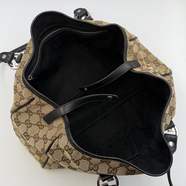 Gucci GG Canvas Twins Black Leather Tote Bag
