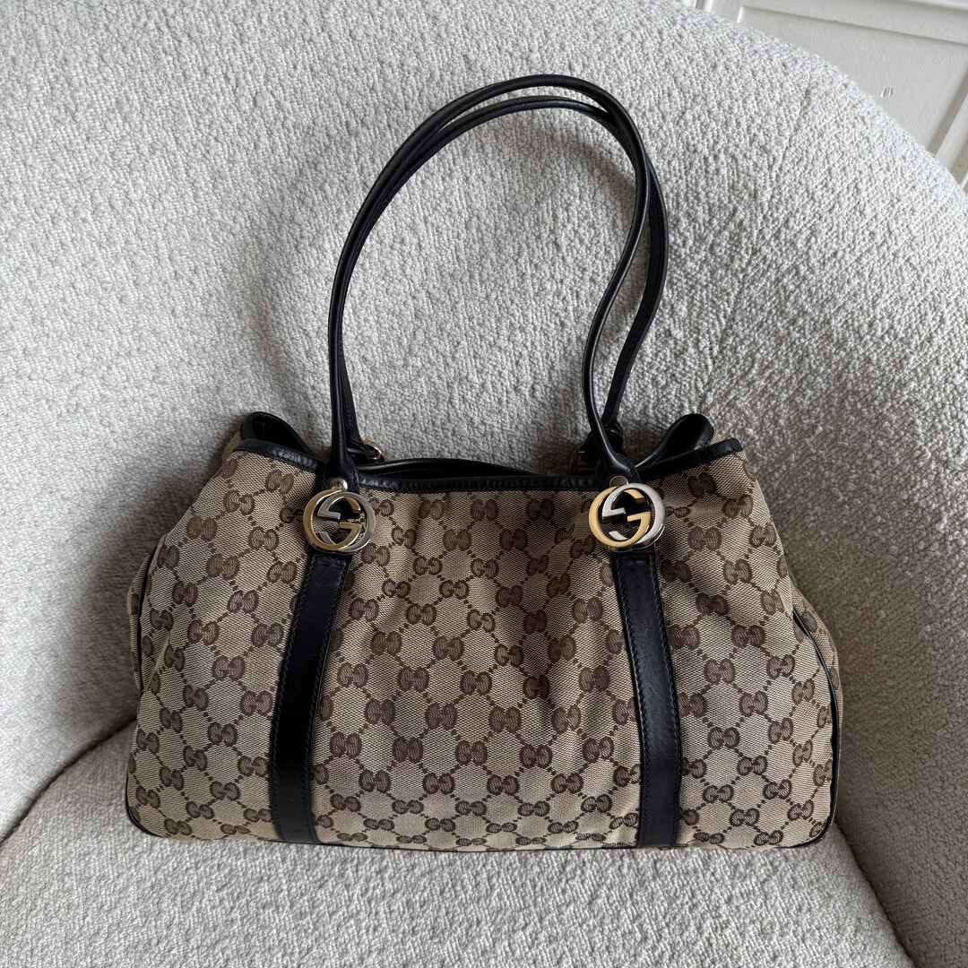 Gucci GG Canvas Twins Black Leather Tote Bag