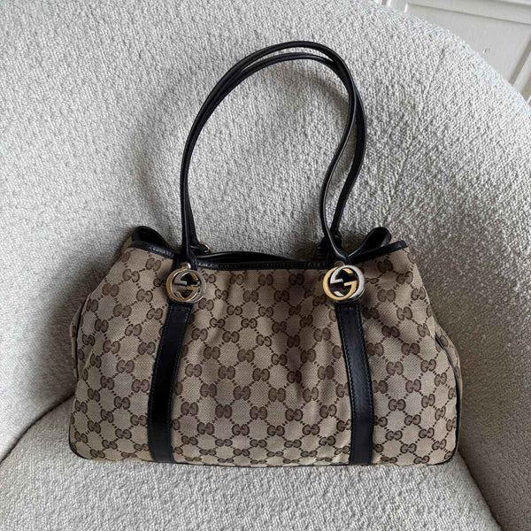 Gucci GG Canvas Twins Black Leather Tote Bag