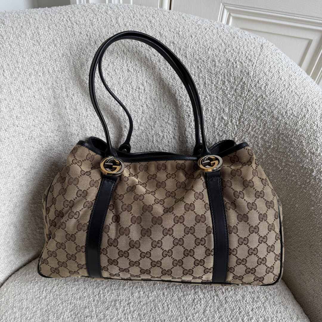 Gucci GG Canvas Twins Black Leather Tote Bag