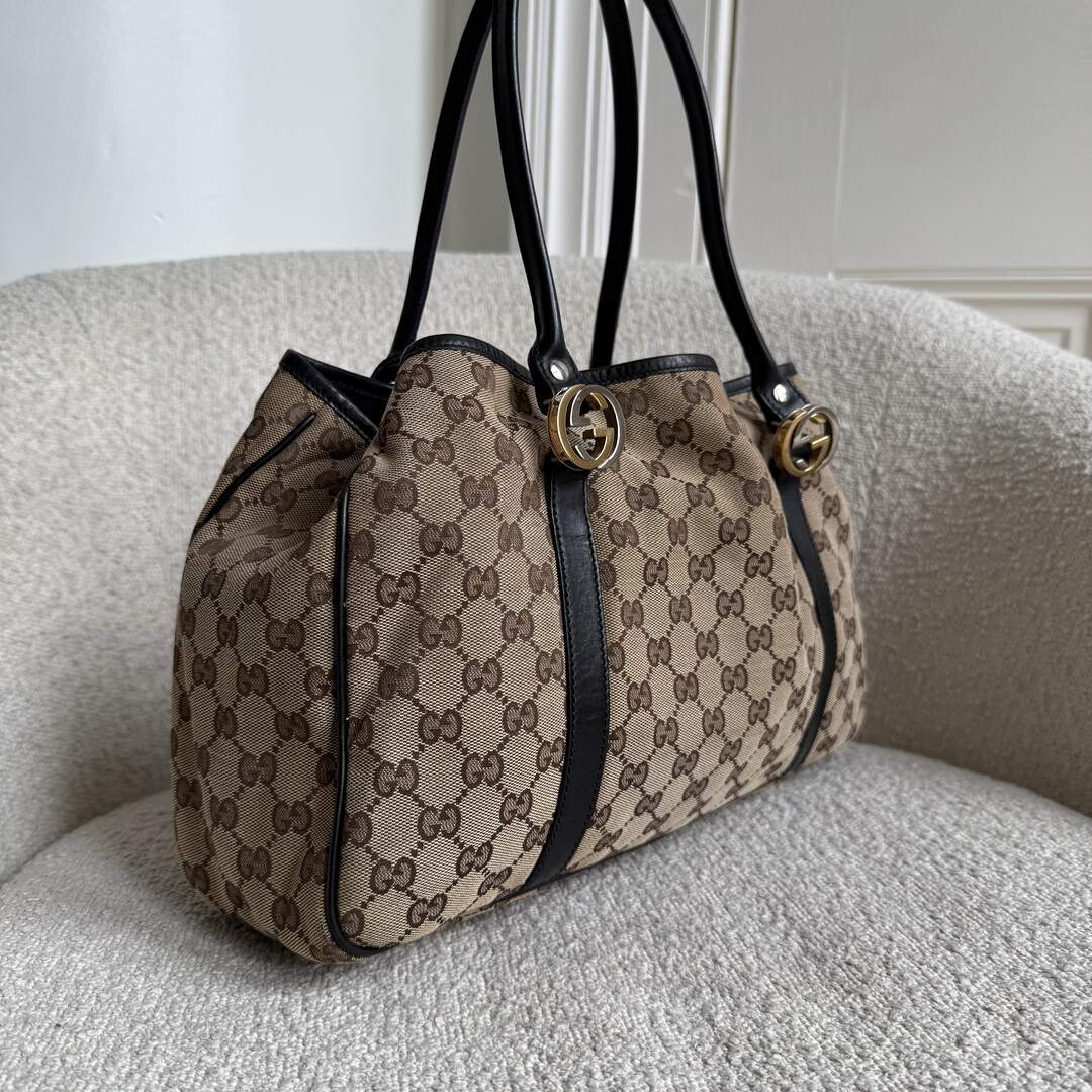 Gucci GG Canvas Twins Black Leather Tote Bag