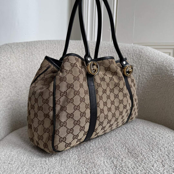 Gucci GG Canvas Twins Black Leather Tote Bag