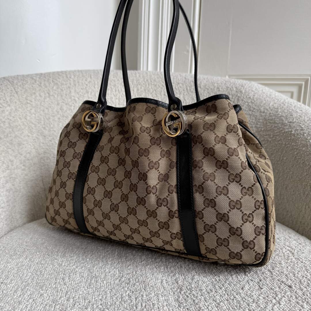 Gucci GG Canvas Twins Black Leather Tote Bag