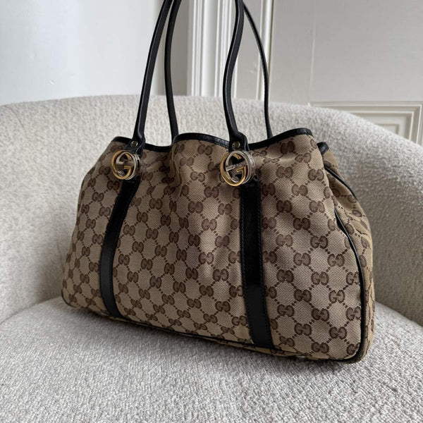 Gucci GG Canvas Twins Black Leather Tote Bag
