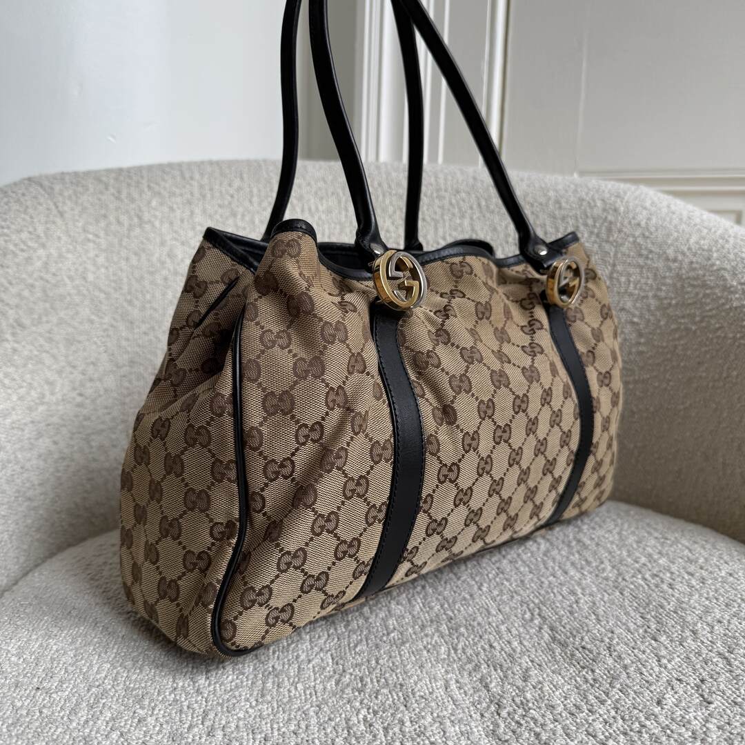 Gucci GG Canvas Twins Black Leather Tote Bag