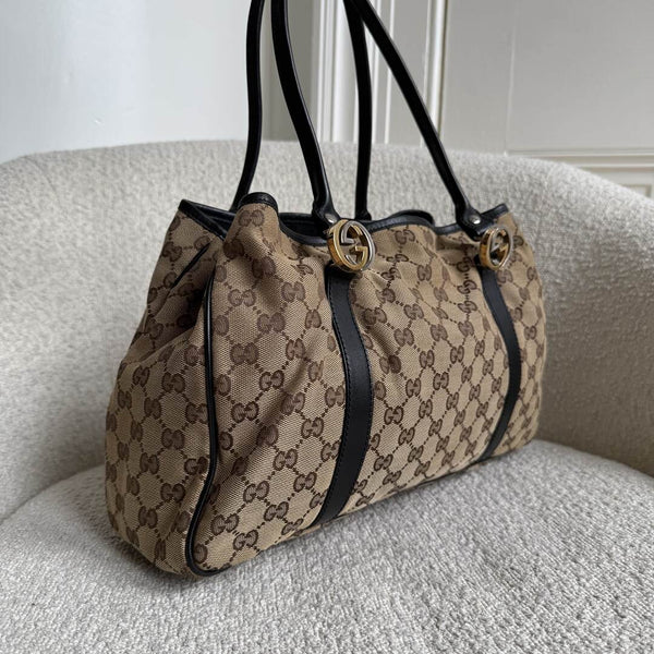 Gucci GG Canvas Twins Black Leather Tote Bag