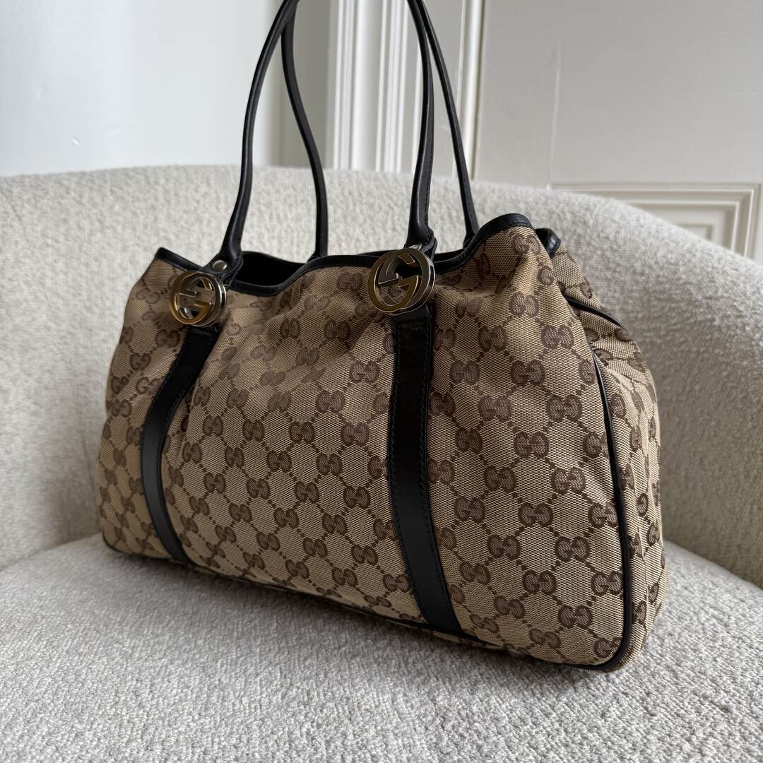 Gucci GG Canvas Twins Black Leather Tote Bag