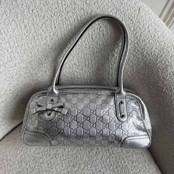 Gucci Guccissima Princy Metallic Silver Leather Shoulder Bag